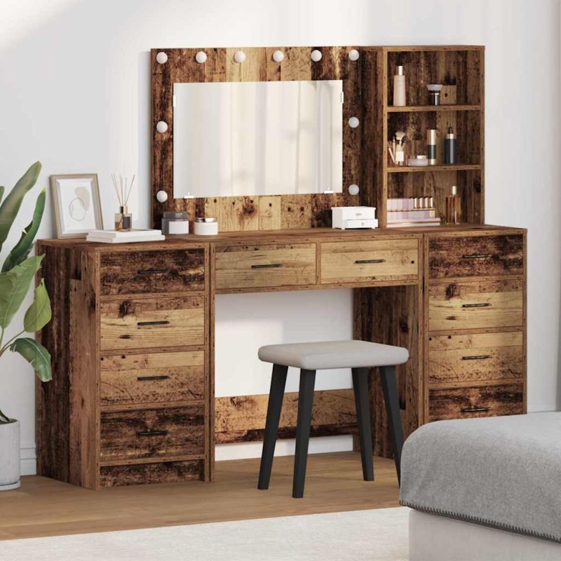 vidaXL Set di 3 pezzi di tavolo da toeletta con LED legno vecchio legno ingegnerizzato vidaXL Set di 3 pezzi di tavolo da toeletta con LED legno vecchio legno ingegnerizzato
