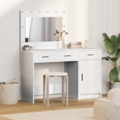 Set da Tavolo da Trucco a 2 Pezzi con LED in Legno Ingegnerizzato Bianco