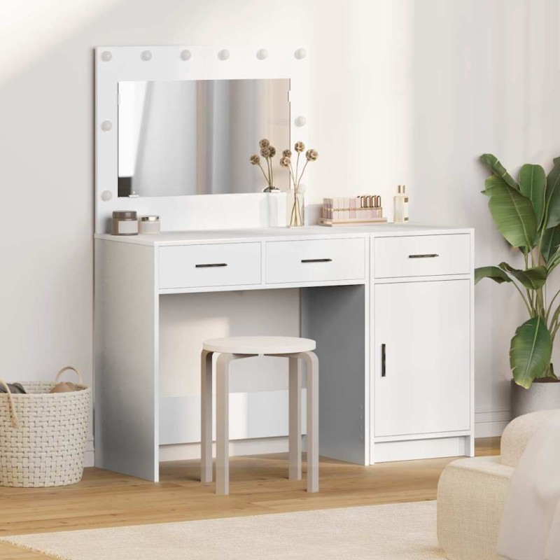Set da Tavolo da Trucco a 2 Pezzi con LED in Legno Ingegnerizzato Bianco