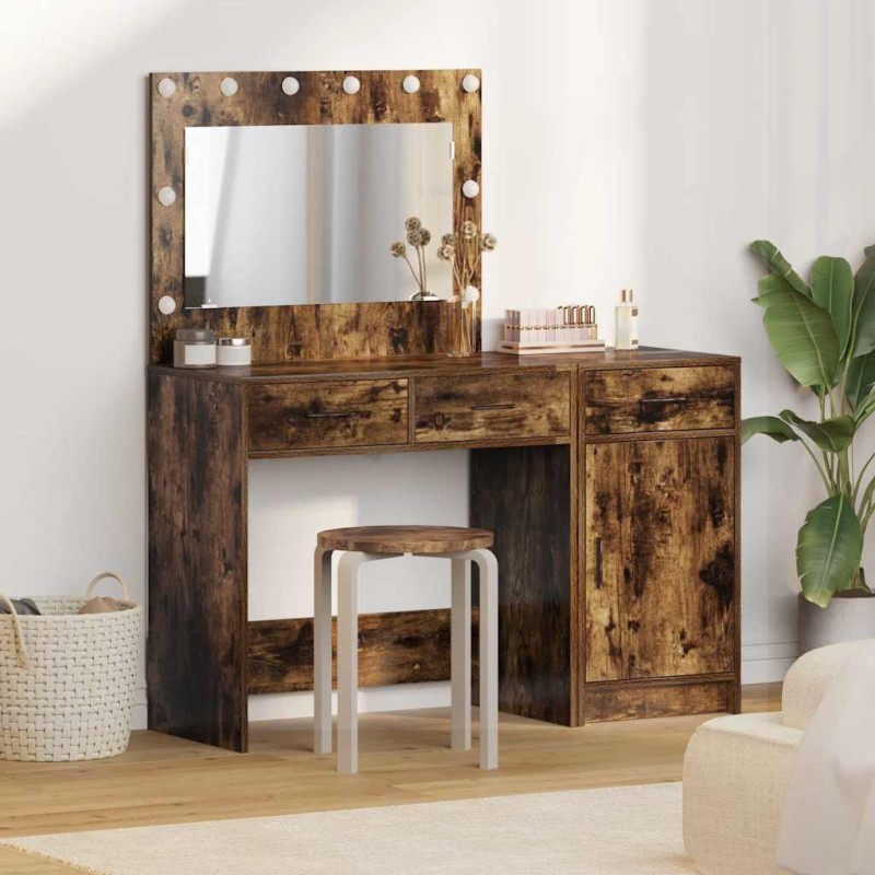 Set da Toeletta 2 Pezzi con LED in Rovere Fumè in Legno Ingegnerizzato Set da Toeletta 2 Pezzi con LED in Rovere Fumè in Legno Ingegnerizzato
