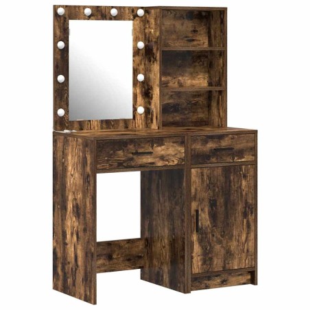 Set di Toeletta in 2 Pezzi con LED in Rovere Affumicato e Legno Ingegnerizzato
