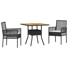 vidaXL Set da Pranzo da Giardino 3 Pezzi con Cuscini Nero Polyrattan