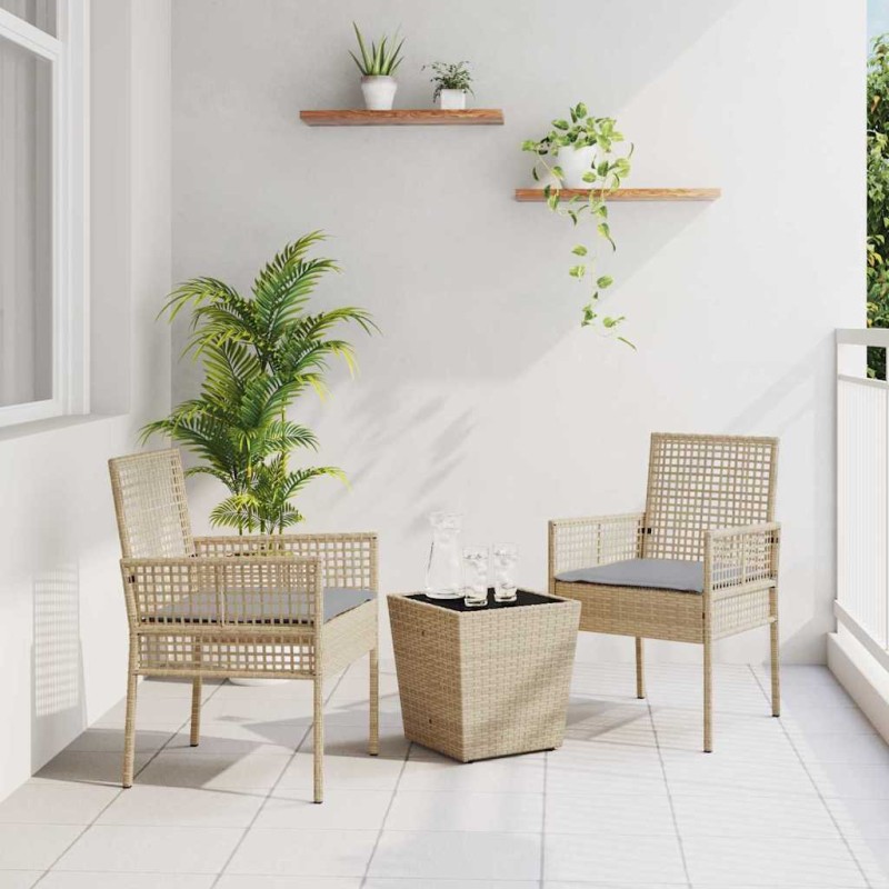 Set Bistro da Giardino 3 Pezzi con Cuscini Beige in Polyrattan Set Bistro da Giardino 3 Pezzi con Cuscini Beige in Polyrattan