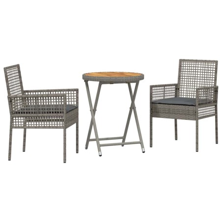 Set Bistro da Giardino a 3 Pezzi con Cuscini Grigio in Rattan Sintetico