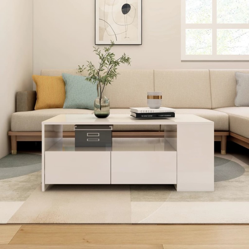 Tavolino da Salotto Bianco Lucido 102x55x42 cm Legno Compensato Tavolino da Salotto Bianco Lucido 102x55x42 cm Legno Compensato