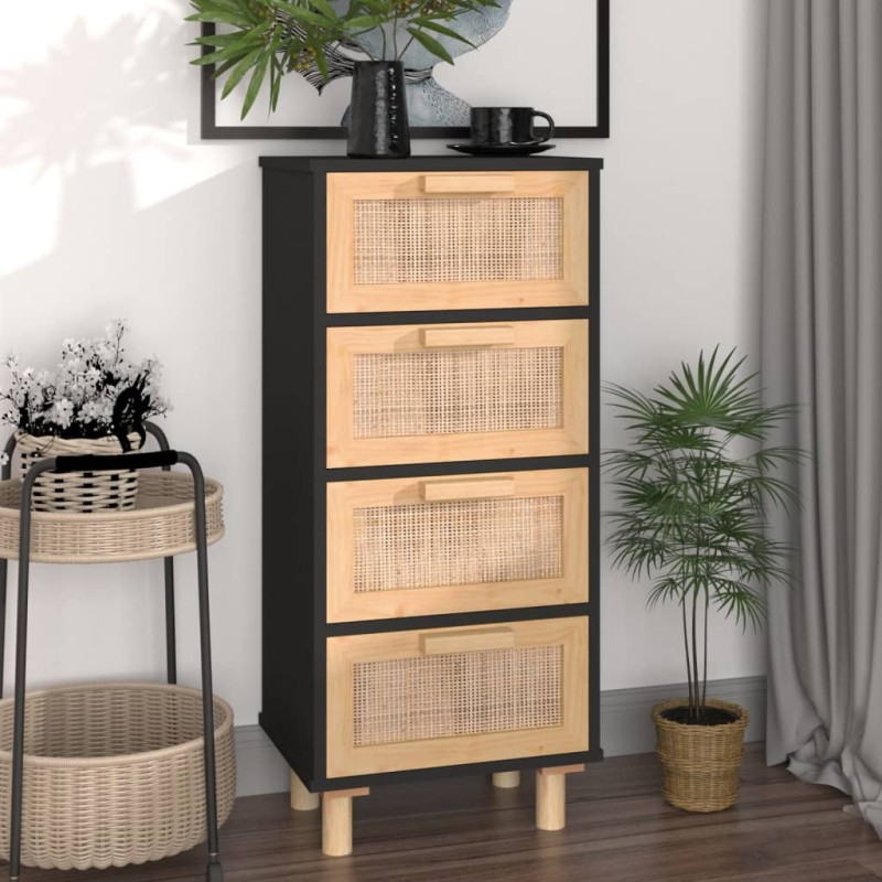 Credenza Nera 40x30x90 cm Legno Massello Pino e Rattan Naturale Credenza Nera 40x30x90 cm Legno Massello Pino e Rattan Naturale