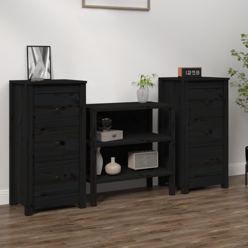 Credenze 2 pz Nere 40x35x80 cm in Legno Massello di Pino Credenze 2 pz Nere 40x35x80 cm in Legno Massello di Pino