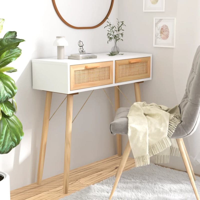 Tavolo Consolle Bianco 80x30x75cm Massello Pino Rattan Naturale Tavolo Consolle Bianco 80x30x75cm Massello Pino Rattan Naturale