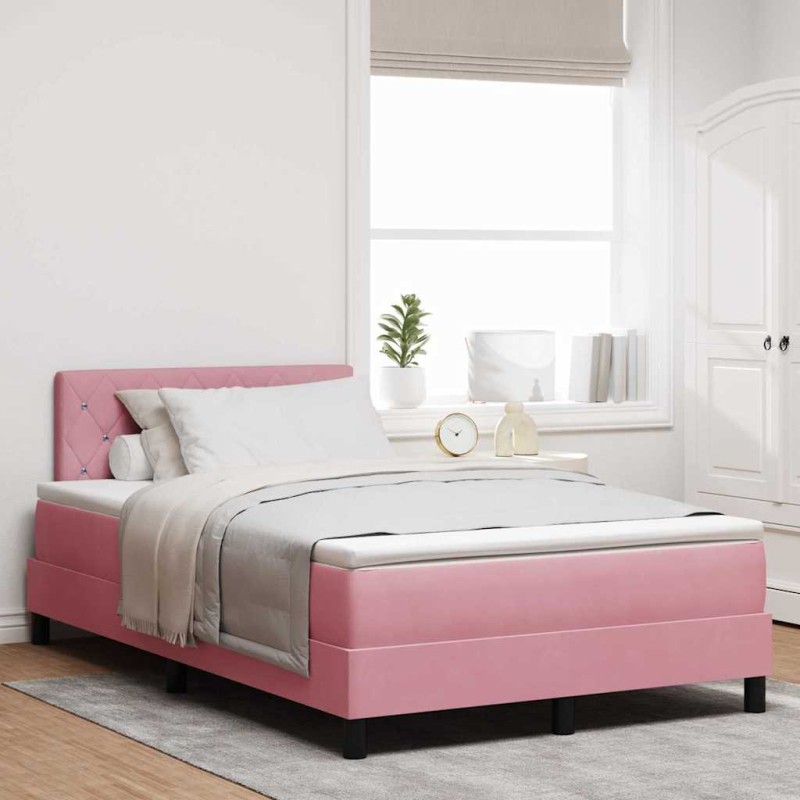 Letto Box Spring con Materasso Rosa Piccolo Doppio in Velluto