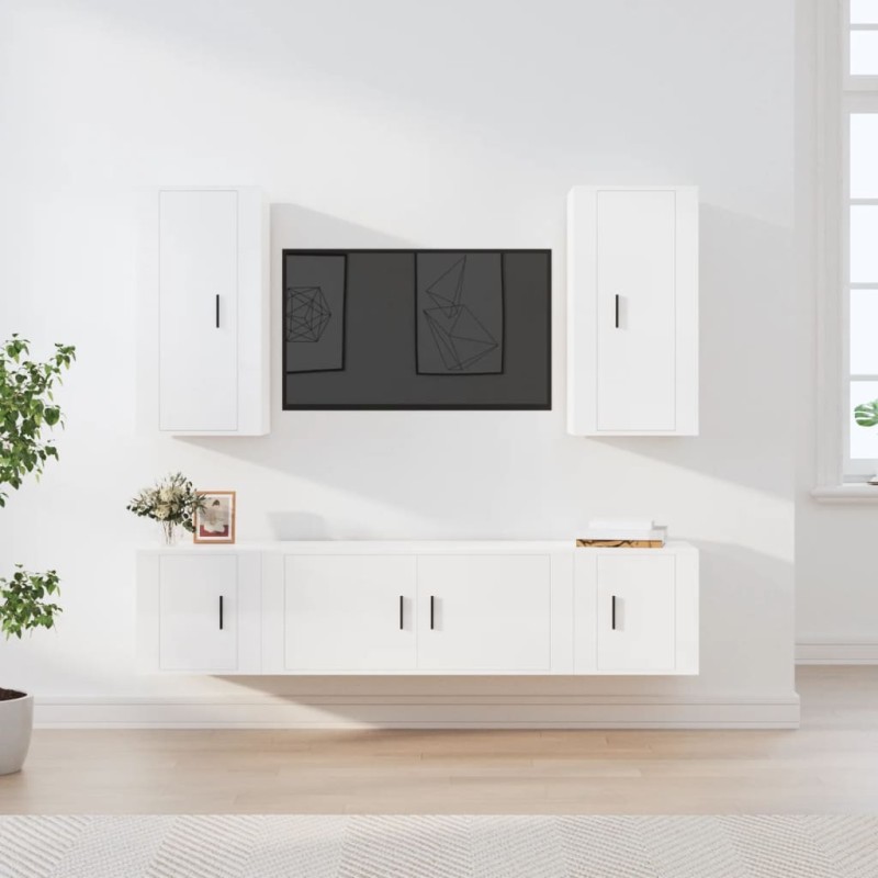 Set di Mobili Porta TV 5 pz Bianco Lucido in Legno Multistrato Set di Mobili Porta TV 5 pz Bianco Lucido in Legno Multistrato