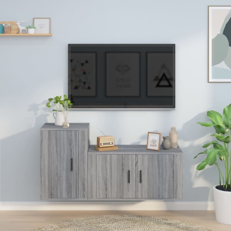 Set Mobili Porta TV 2 pz Grigio Sonoma in Legno Multistrato Set Mobili Porta TV 2 pz Grigio Sonoma in Legno Multistrato
