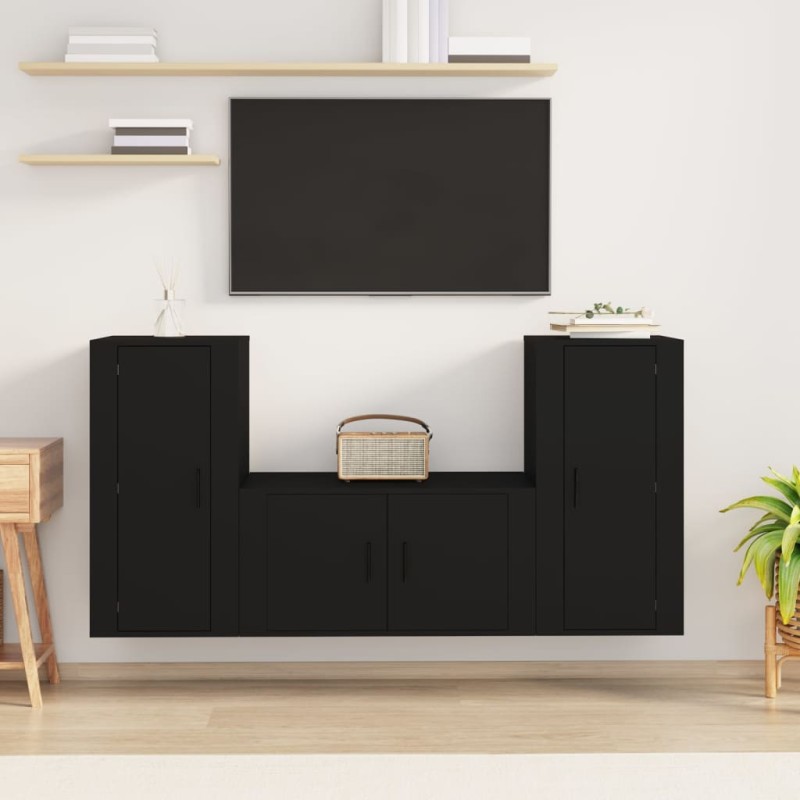 Set Mobili Porta TV 3 pz Nero in Legno Multistrato Set Mobili Porta TV 3 pz Nero in Legno Multistrato