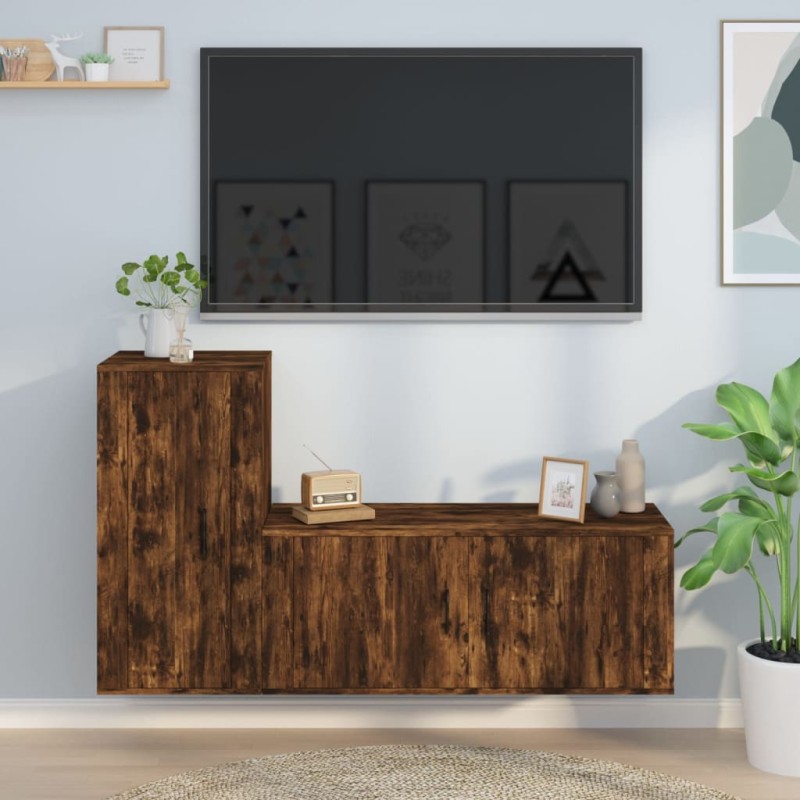 Set Mobili Porta TV 2 pz Rovere Fumo in Legno Multistrato Set Mobili Porta TV 2 pz Rovere Fumo in Legno Multistrato