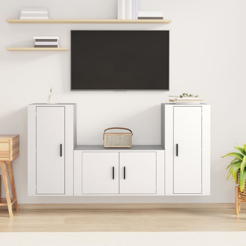 Set Mobili Porta TV 3 pz Bianco in Legno Multistrato Set Mobili Porta TV 3 pz Bianco in Legno Multistrato