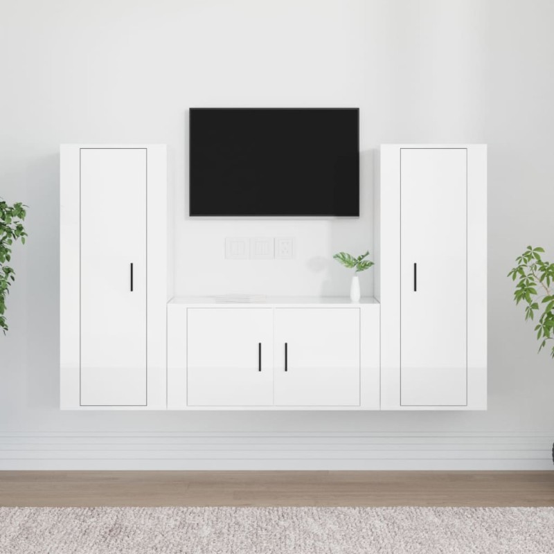 Set Mobili Porta TV 3 pz Bianco Lucido in Legno Multistrato Set Mobili Porta TV 3 pz Bianco Lucido in Legno Multistrato