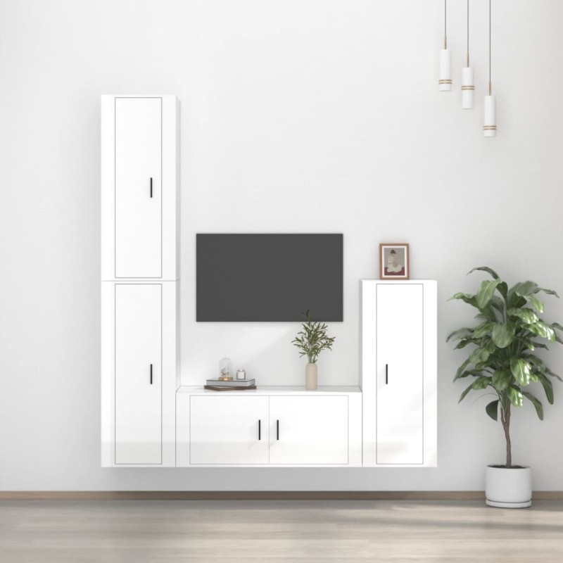Set di Mobili Porta TV 4 pz Bianco Lucido in Legno Multistrato Set di Mobili Porta TV 4 pz Bianco Lucido in Legno Multistrato
