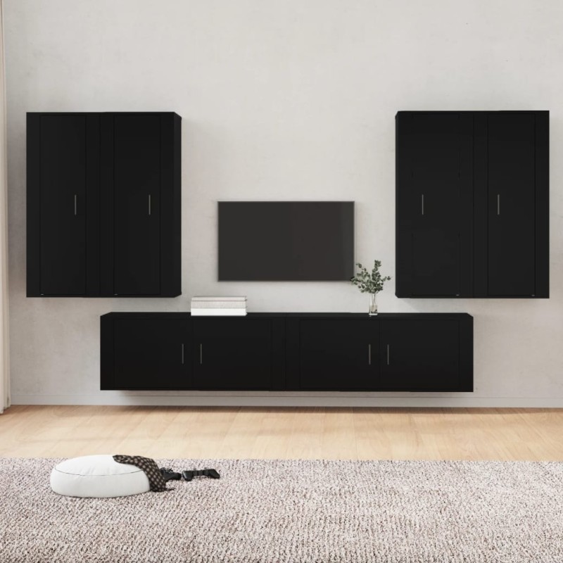 Set Mobili Porta TV 6 pz Nero in Legno Multistrato Set Mobili Porta TV 6 pz Nero in Legno Multistrato