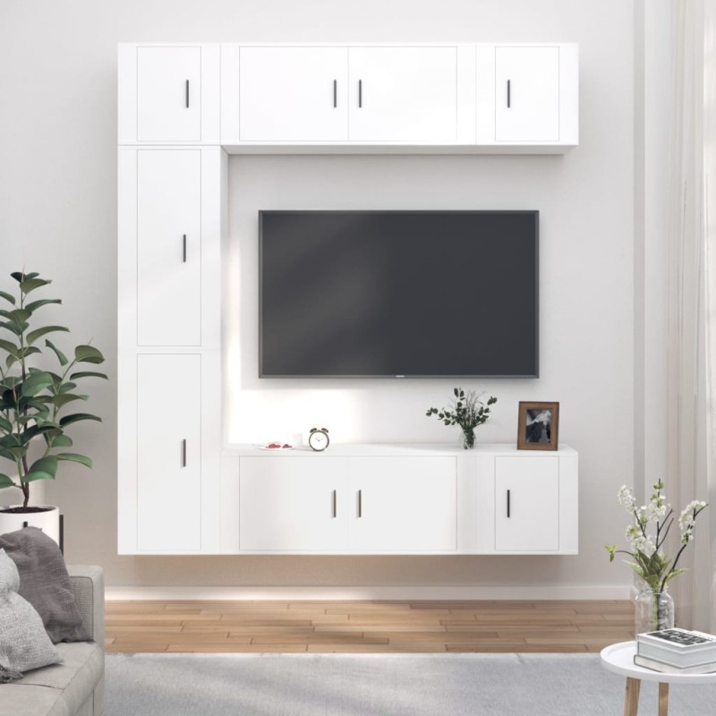 Set di Mobili Porta TV 7 pz Bianco in Legno Multistrato Set di Mobili Porta TV 7 pz Bianco in Legno Multistrato