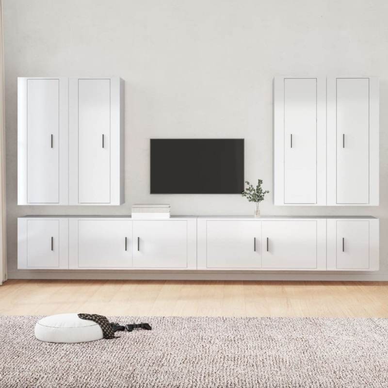 Set Mobili Porta TV 8pz Bianco Lucido in Legno Multistrato Set Mobili Porta TV 8pz Bianco Lucido in Legno Multistrato