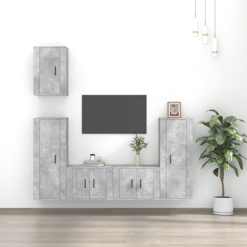 Set di Mobili Porta TV 5 pz Grigio Cemento in Legno Multistrato Set di Mobili Porta TV 5 pz Grigio Cemento in Legno Multistrato