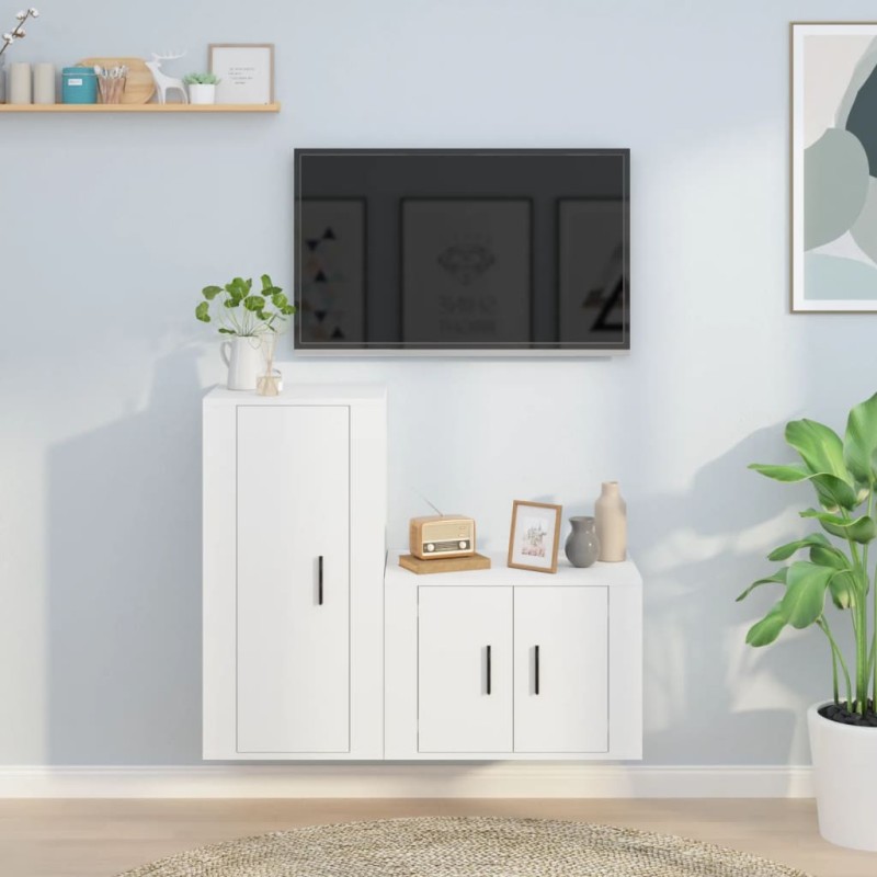 Set di Mobili Porta TV 2 pz Bianco in Legno Multistrato Set di Mobili Porta TV 2 pz Bianco in Legno Multistrato