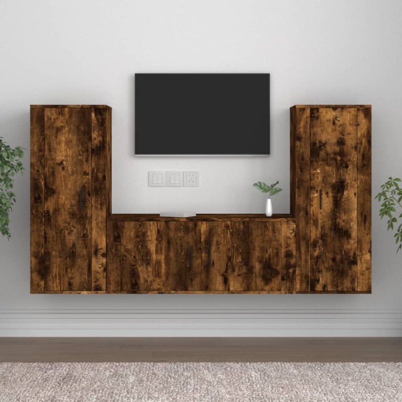 Set Mobili Porta TV 3 pz Rovere Fumo in Legno Multistrato Set Mobili Porta TV 3 pz Rovere Fumo in Legno Multistrato