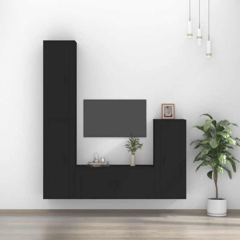 Set Mobili Porta TV 4 pz Nero in Legno Multistrato Set Mobili Porta TV 4 pz Nero in Legno Multistrato
