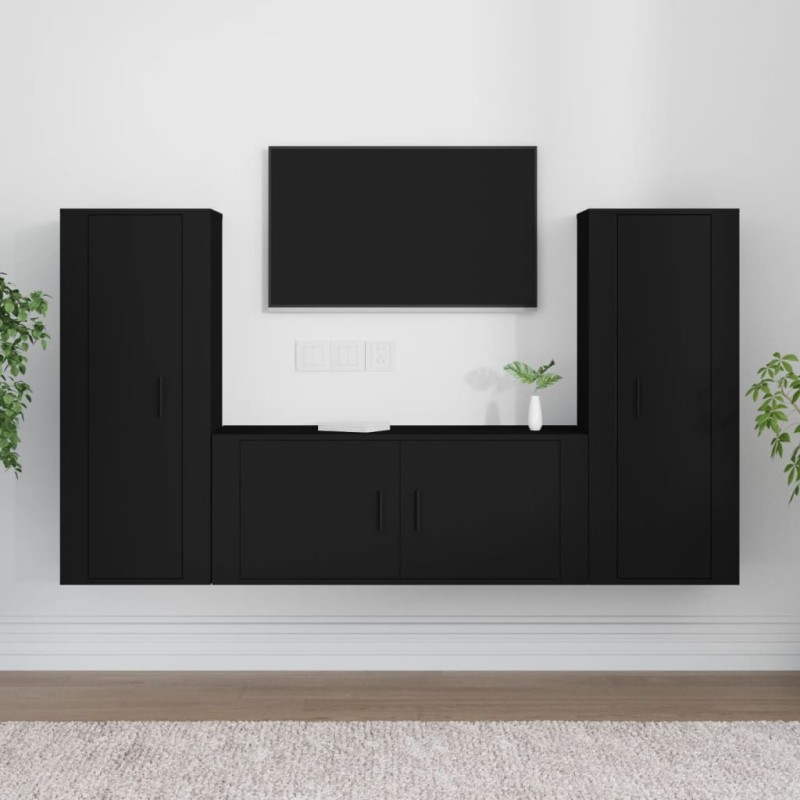 Set Mobili Porta TV 3 pz Nero in Legno Multistrato Set Mobili Porta TV 3 pz Nero in Legno Multistrato