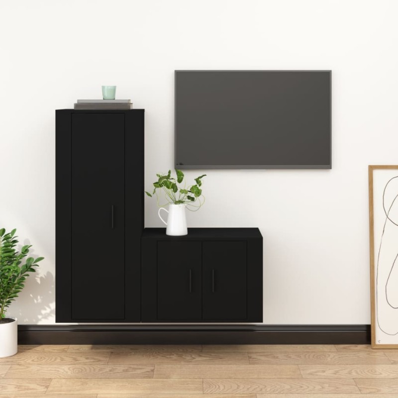 Set Mobili Porta TV 2 pz Nero in Legno Multistrato Set Mobili Porta TV 2 pz Nero in Legno Multistrato