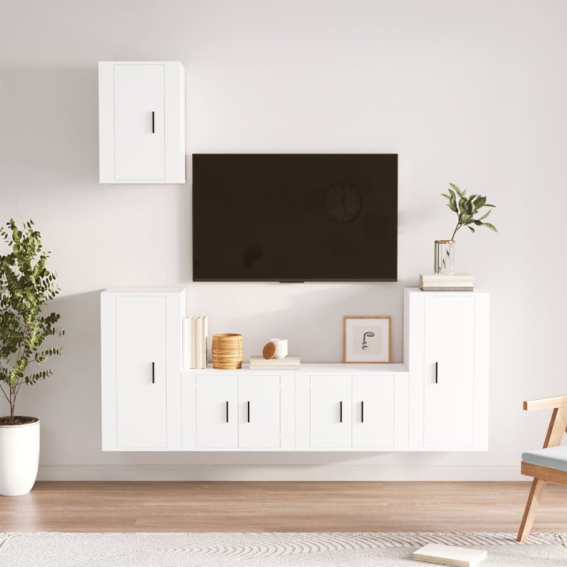 Set di Mobili Porta TV 5 pz Bianco in Legno Multistrato Set di Mobili Porta TV 5 pz Bianco in Legno Multistrato
