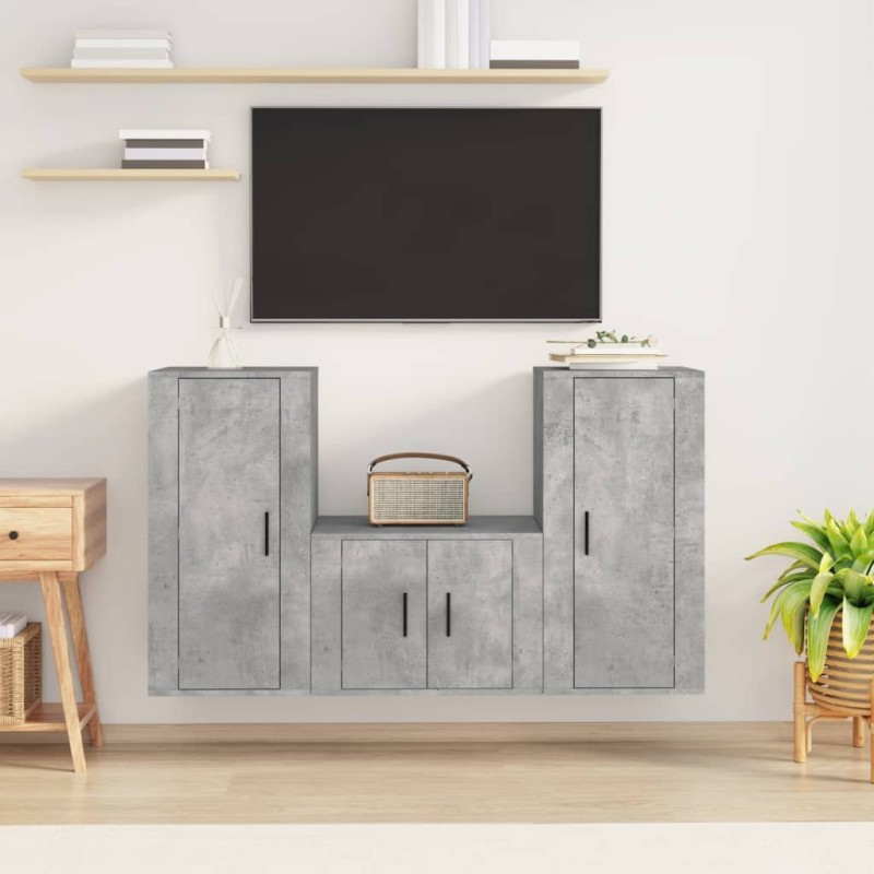 Set di Mobili Porta TV 3 pz Grigio Cemento in Legno Multistrato Set di Mobili Porta TV 3 pz Grigio Cemento in Legno Multistrato