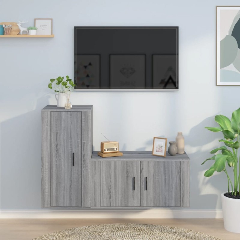 Set Mobili Porta TV 2 pz Grigio Sonoma in Legno Multistrato Set Mobili Porta TV 2 pz Grigio Sonoma in Legno Multistrato