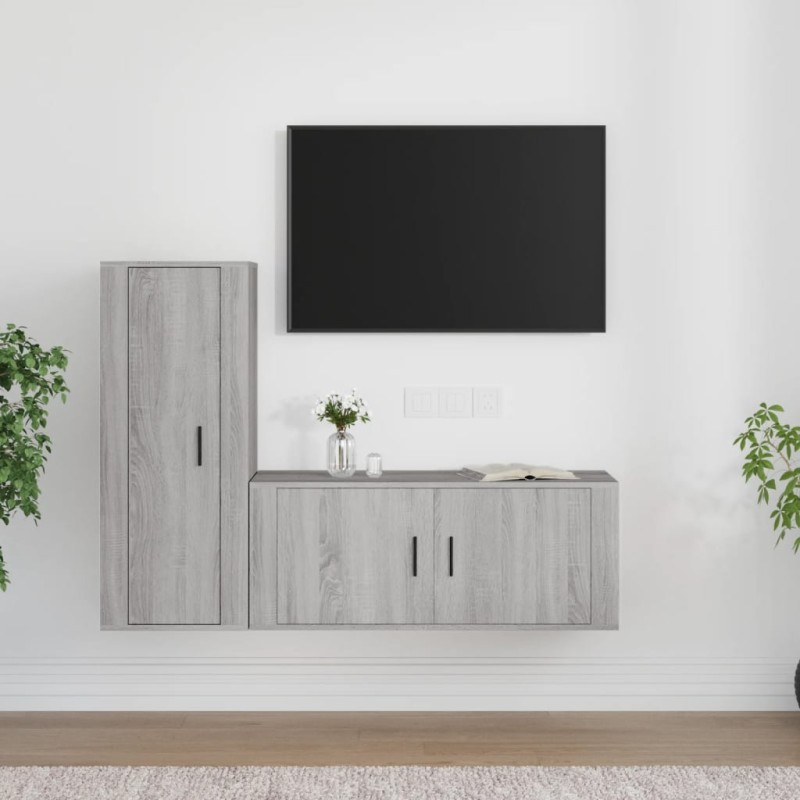 Set Mobili Porta TV 2 pz Grigio Sonoma in Legno Multistrato Set Mobili Porta TV 2 pz Grigio Sonoma in Legno Multistrato