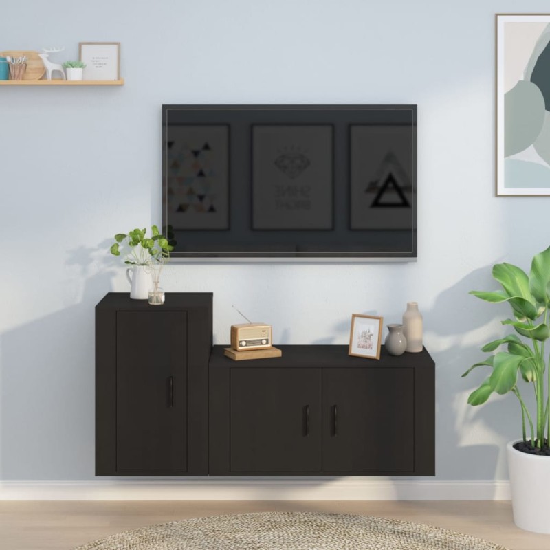Set Mobili Porta TV 2 pz Nero in Legno Multistrato Set Mobili Porta TV 2 pz Nero in Legno Multistrato