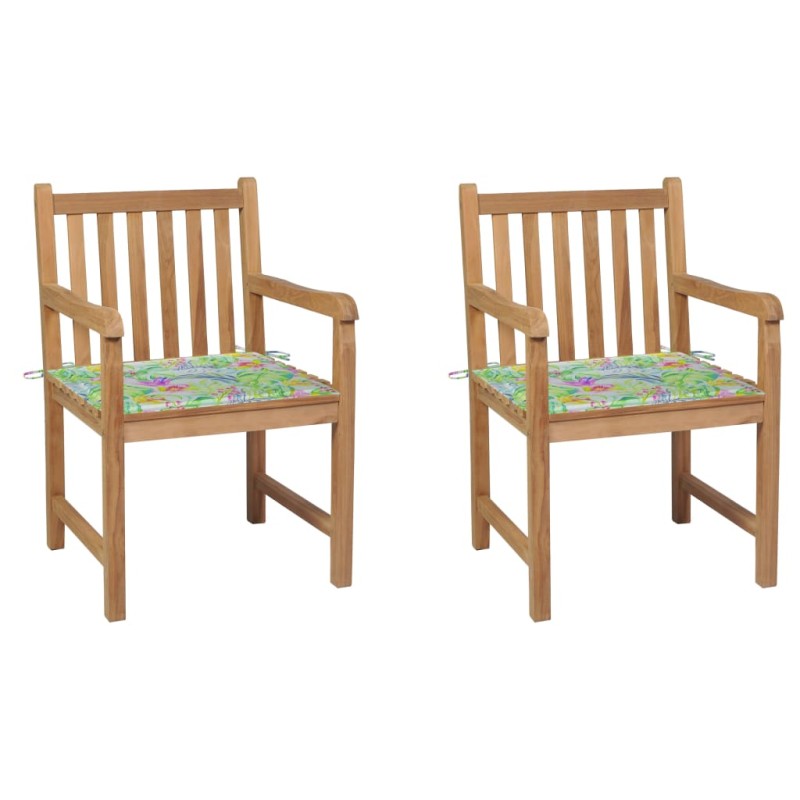 Sedie da Giardino 2 pz Cuscini Motivo a Foglie Massello di Teak Sedie da Giardino 2 pz Cuscini Motivo a Foglie Massello di Teak