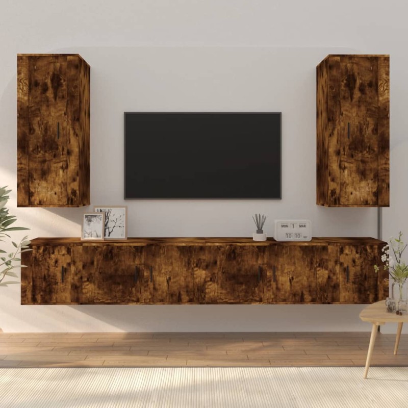 Set di Mobili Porta TV 6 pz Rovere Fumo in Legno Multistrato Set di Mobili Porta TV 6 pz Rovere Fumo in Legno Multistrato