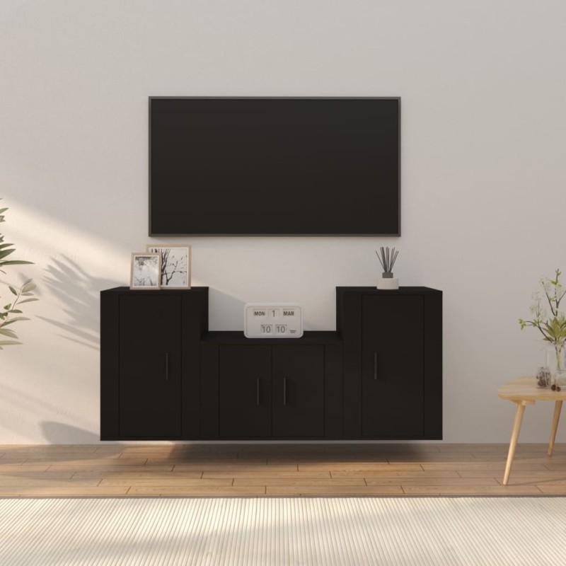 Set Mobili Porta TV 3 pz Nero in Legno Multistrato Set Mobili Porta TV 3 pz Nero in Legno Multistrato