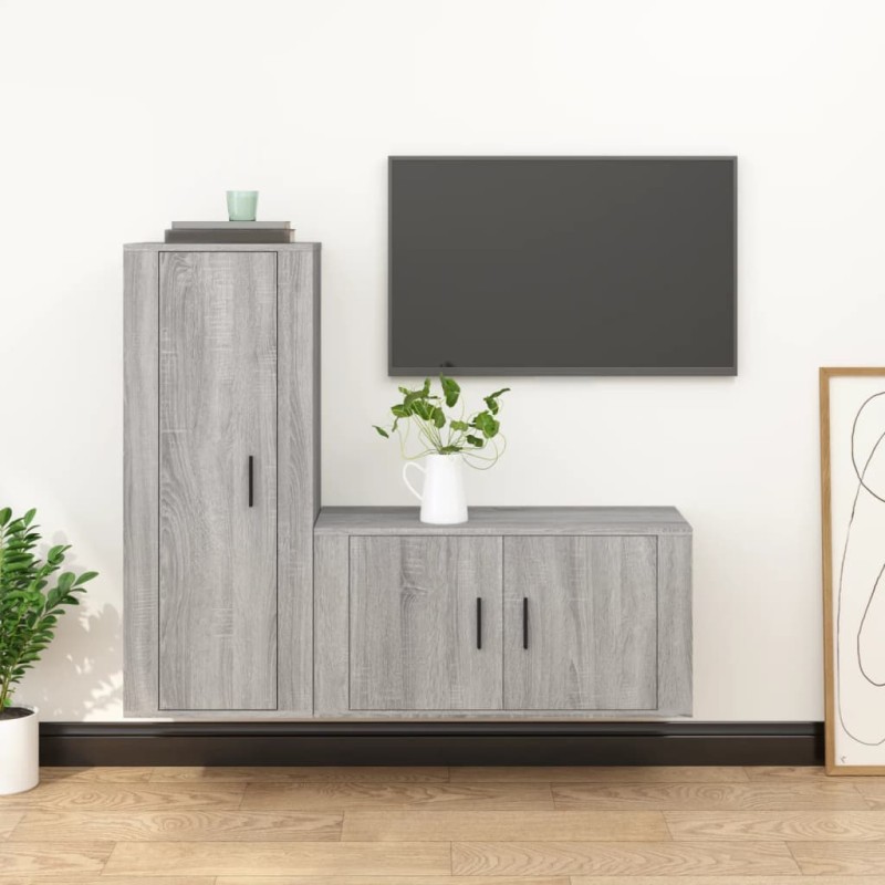 Set Mobili Porta TV 2 pz Grigio Sonoma in Legno Multistrato Set Mobili Porta TV 2 pz Grigio Sonoma in Legno Multistrato