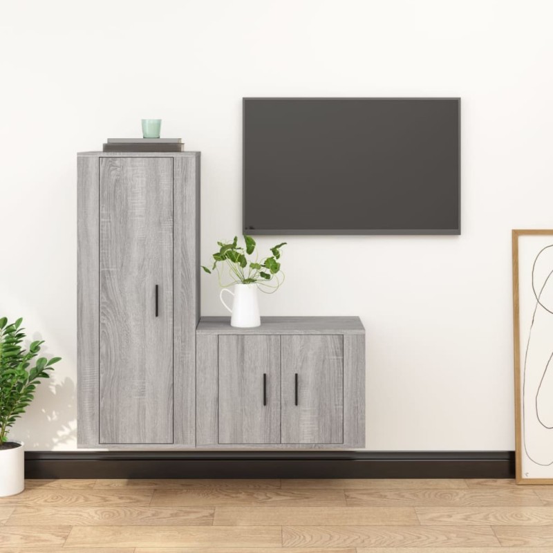 Set Mobili Porta TV 2 pz Grigio Sonoma in Legno Multistrato Set Mobili Porta TV 2 pz Grigio Sonoma in Legno Multistrato
