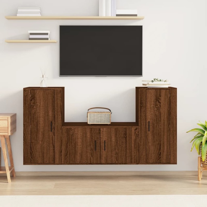 Set Mobili Porta TV 3 pz Rovere Marrone in Legno Multistrato Set Mobili Porta TV 3 pz Rovere Marrone in Legno Multistrato