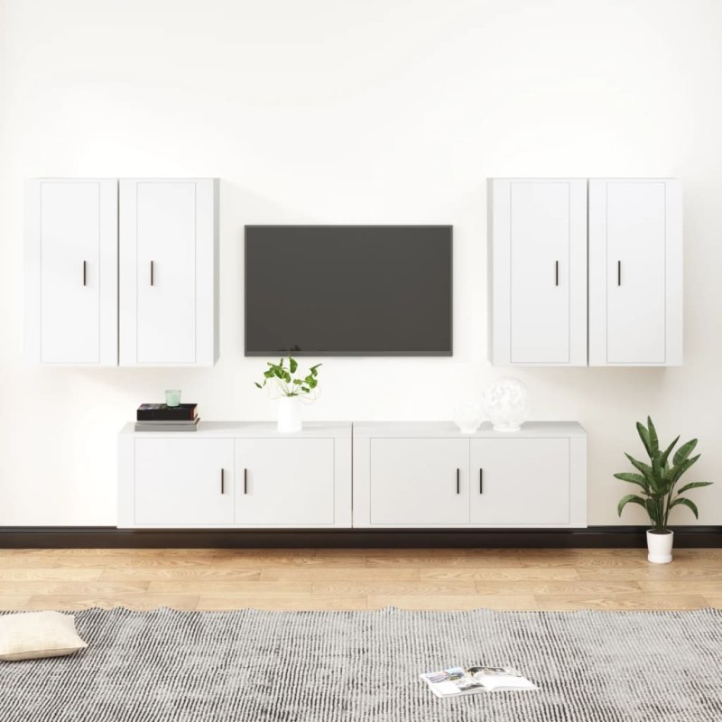 Set di Mobili Porta TV 6 pz Bianco in Legno Multistrato Set di Mobili Porta TV 6 pz Bianco in Legno Multistrato