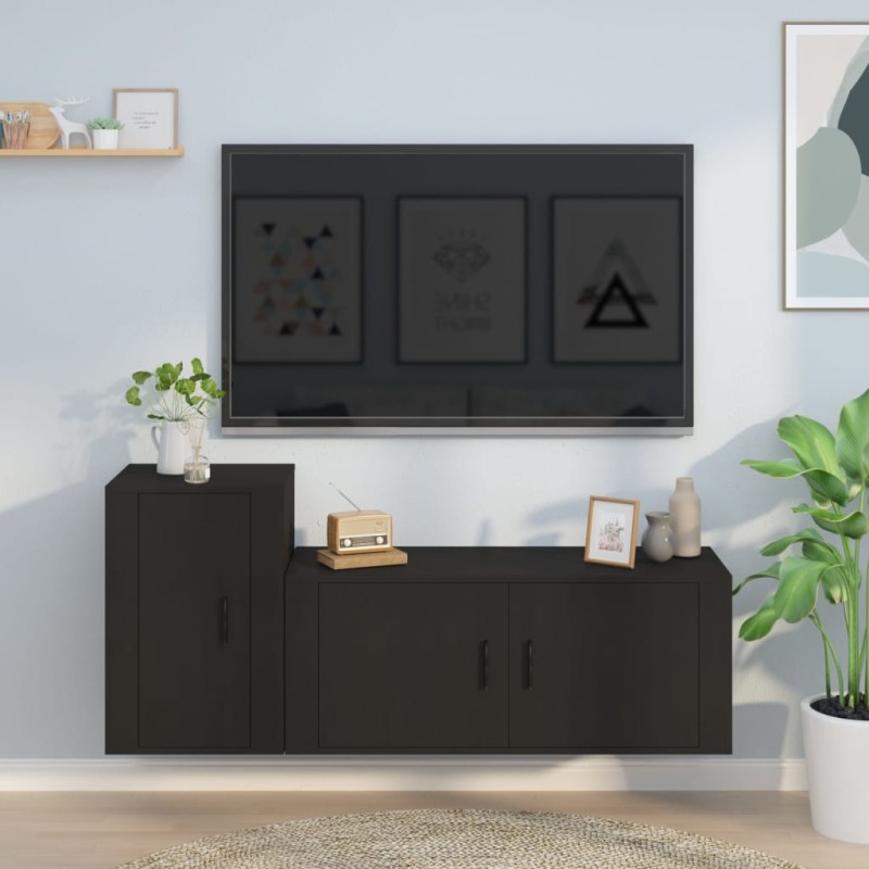 Set Mobili Porta TV 2 pz Nero in Legno Multistrato Set Mobili Porta TV 2 pz Nero in Legno Multistrato