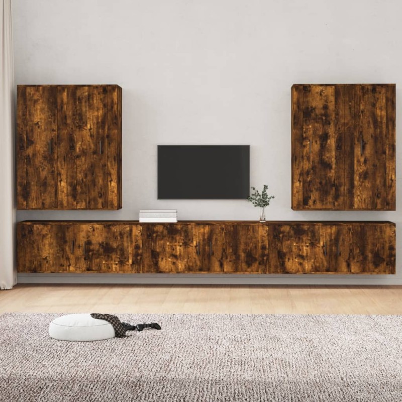 Set di Mobili Porta TV 7 pz Rovere Fumo in Legno Multistrato Set di Mobili Porta TV 7 pz Rovere Fumo in Legno Multistrato
