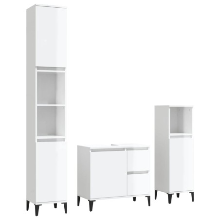 Set Mobili da Bagno 3 pz Bianco Lucido in Legno Multistrato