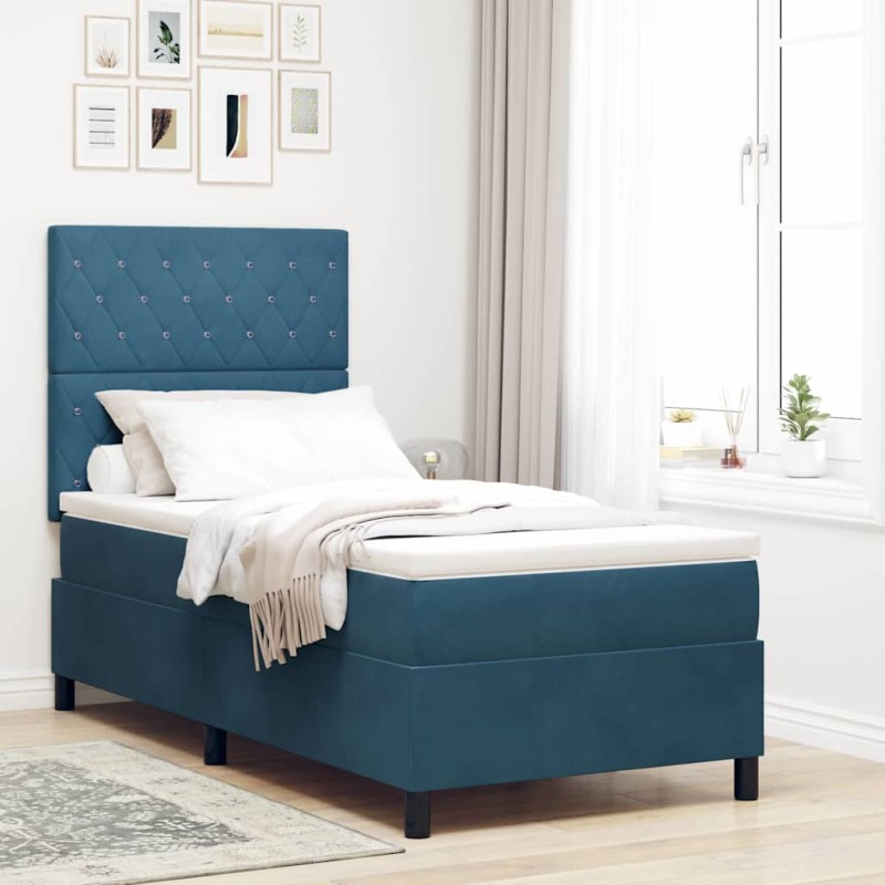 vidaXL Letto a Barriera con Materasso & LED Blu Scuro 90x190 cm Velluto vidaXL Letto a Barriera con Materasso & LED Blu Scuro 90x190 cm Velluto