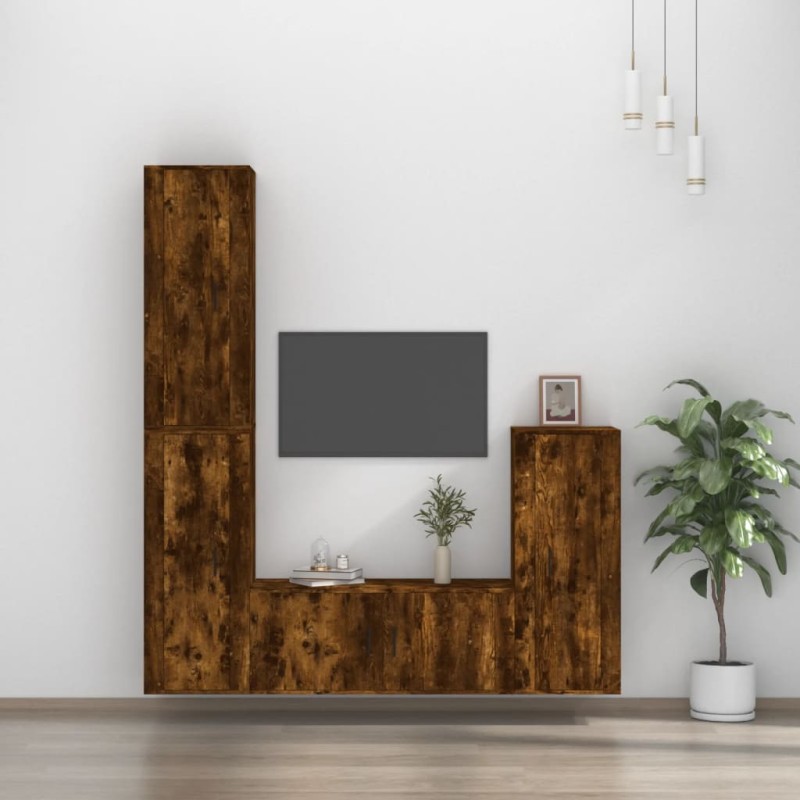 Set di Mobili Porta TV 4 pz Rovere Fumo in Legno Multistrato Set di Mobili Porta TV 4 pz Rovere Fumo in Legno Multistrato