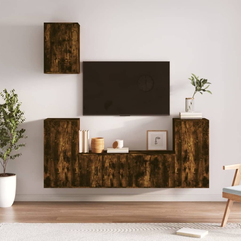 Set di Mobili Porta TV 5 pz Rovere Fumo in Legno Multistrato Set di Mobili Porta TV 5 pz Rovere Fumo in Legno Multistrato