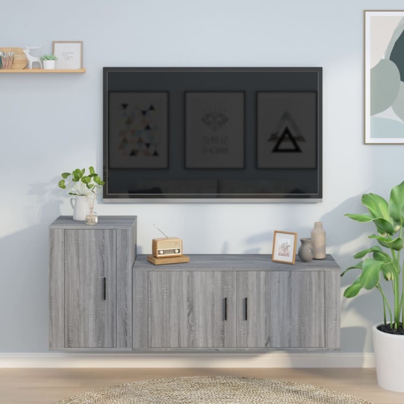 Set Mobili Porta TV 2 pz Grigio Sonoma in Legno Multistrato Set Mobili Porta TV 2 pz Grigio Sonoma in Legno Multistrato