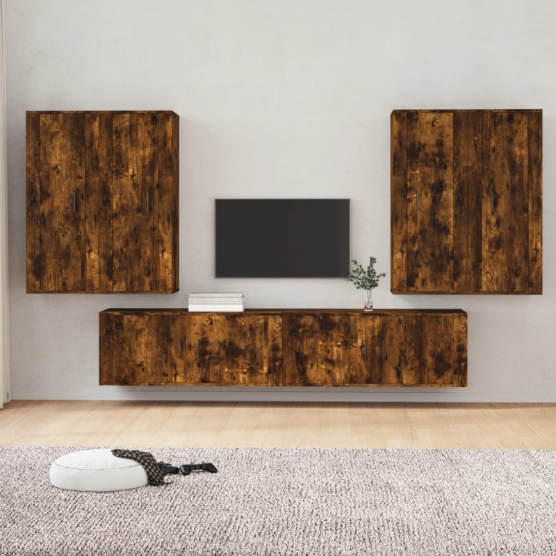 Set di Mobili Porta TV 6 pz Rovere Fumo in Legno Multistrato Set di Mobili Porta TV 6 pz Rovere Fumo in Legno Multistrato