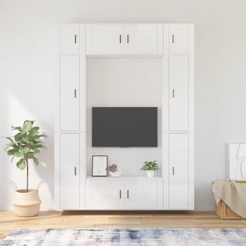 Set Mobili Porta TV 8pz Bianco Lucido in Legno Multistrato Set Mobili Porta TV 8pz Bianco Lucido in Legno Multistrato